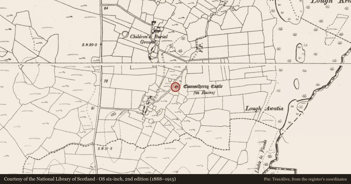 Ordnance Survey six-inch map, 2nd edition (1888–1915) covering the location of Castle - tower house, Cloonselherny, County Clare, with a pin at the register's coordinates