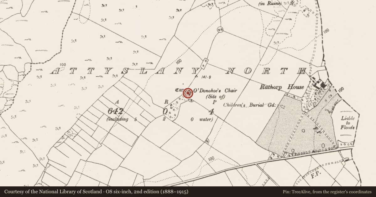 Ordnance Survey six-inch map, 2nd edition (1888–1915) covering the location of Mound, Attyslany North, County Clare, with a pin at the register's coordinates