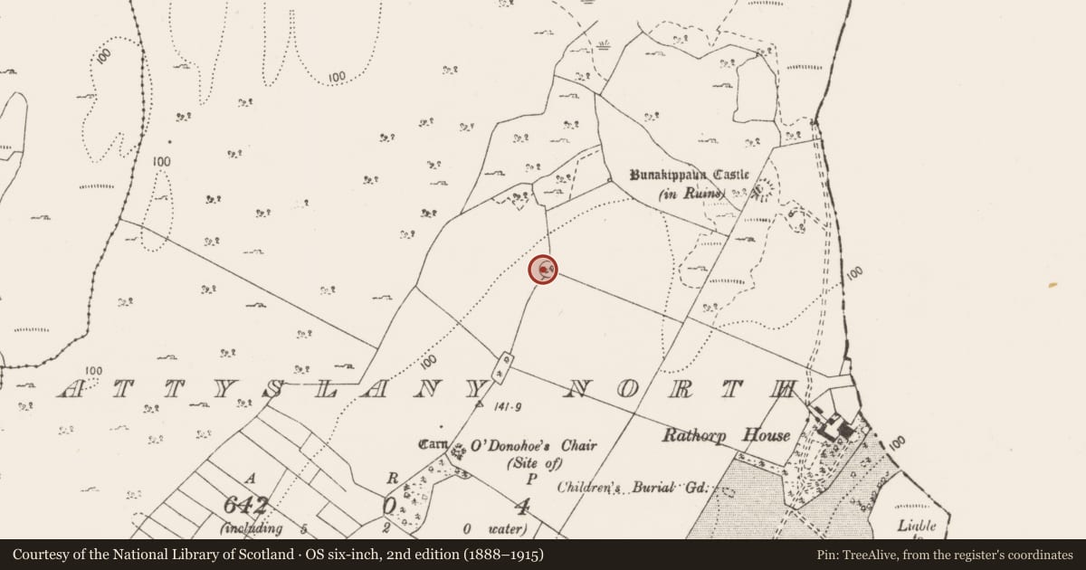 Ordnance Survey six-inch map, 2nd edition (1888–1915) covering the location of Enclosure, Attyslany North, County Clare, with a pin at the register's coordinates