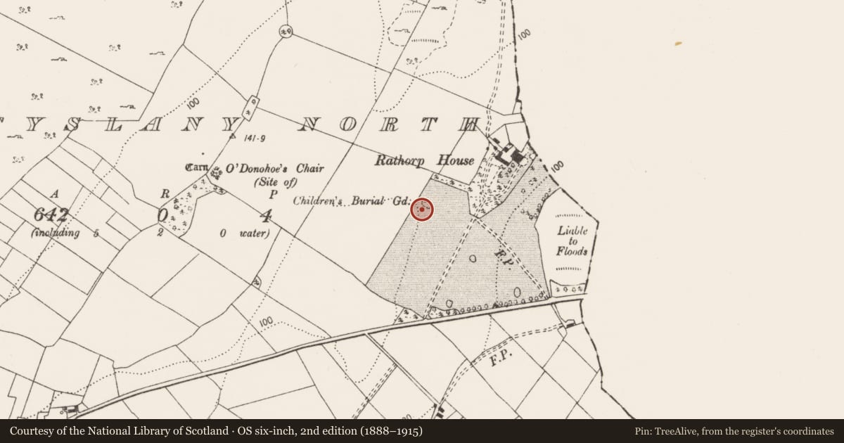 Ordnance Survey six-inch map, 2nd edition (1888–1915) covering the location of Children's burial ground, Attyslany North, County Clare, with a pin at the register's coordinates
