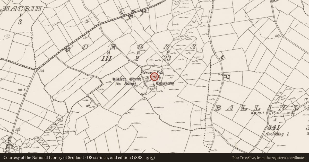 Ordnance Survey six-inch map, 2nd edition (1888–1915) covering the location of Ecclesiastical enclosure, Cross, County Clare, with a pin at the register's coordinates