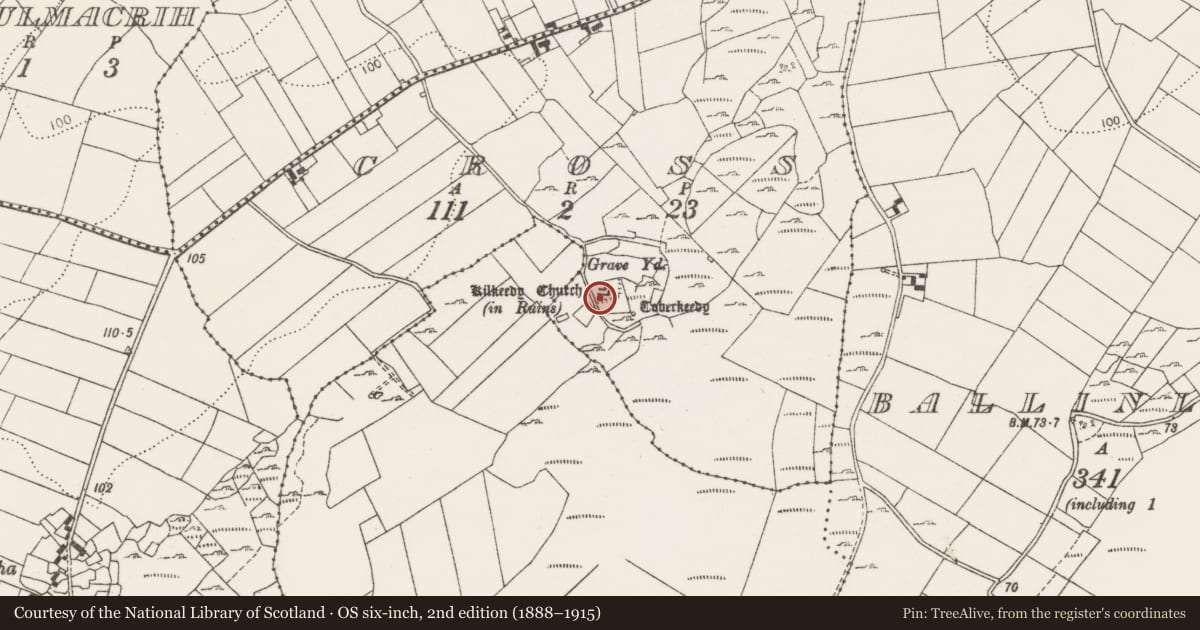 Ordnance Survey six-inch map, 2nd edition (1888–1915) covering the location of Church, Cross, County Clare, with a pin at the register's coordinates