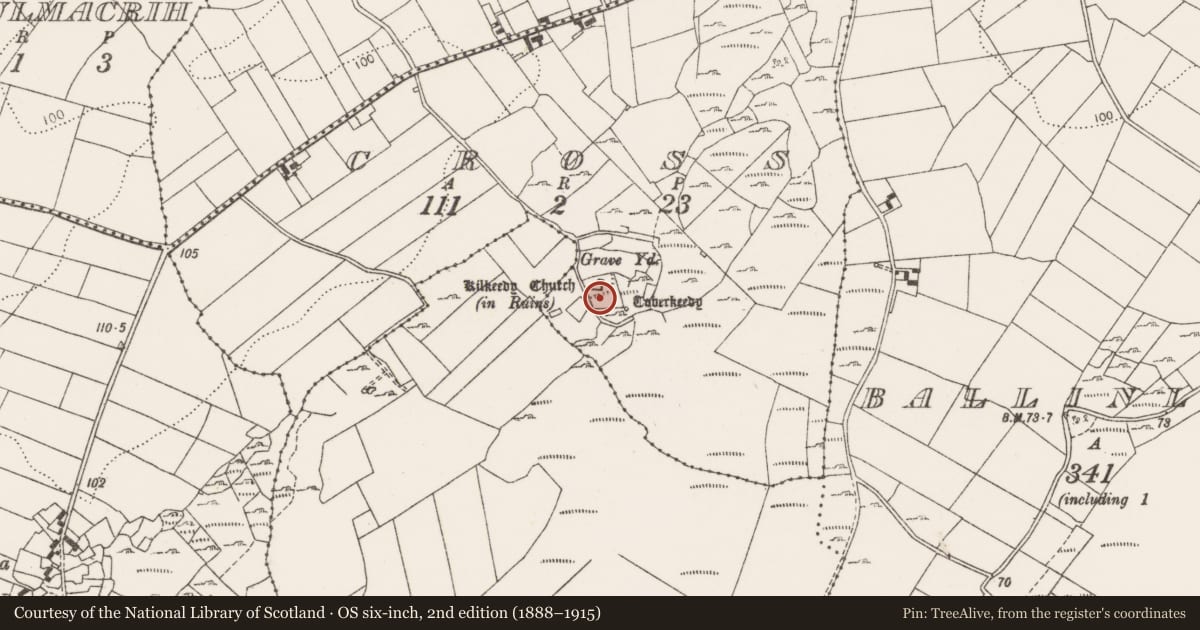 Ordnance Survey six-inch map, 2nd edition (1888–1915) covering the location of Graveyard, Cross, County Clare, with a pin at the register's coordinates