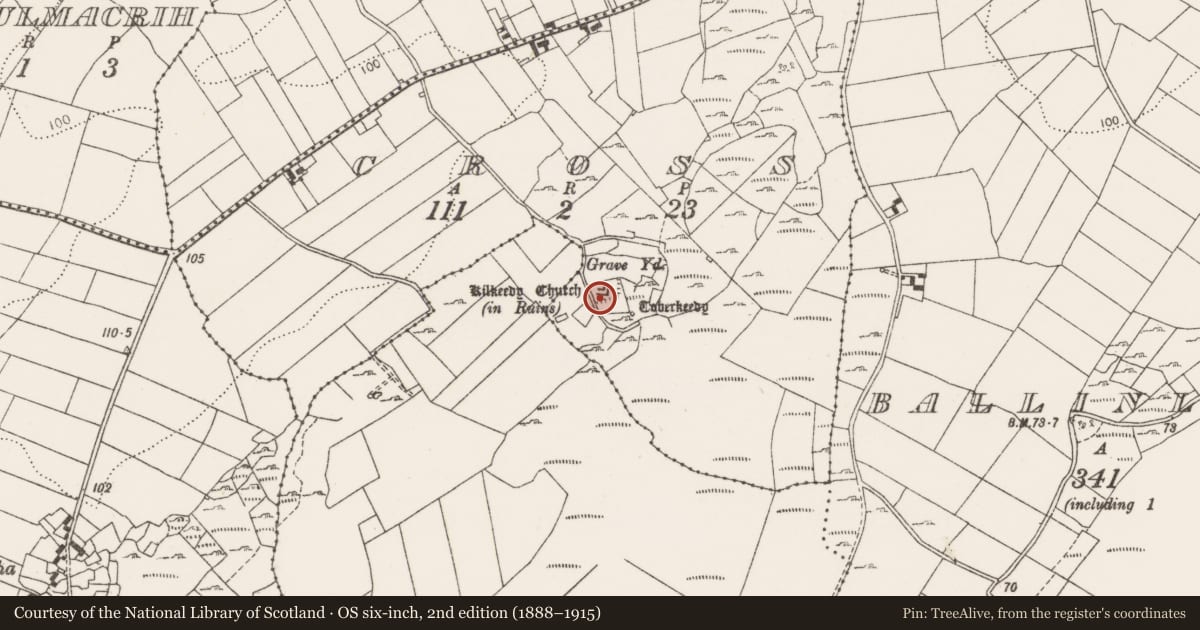 Ordnance Survey six-inch map, 2nd edition (1888–1915) covering the location of Font, Cross, County Clare, with a pin at the register's coordinates