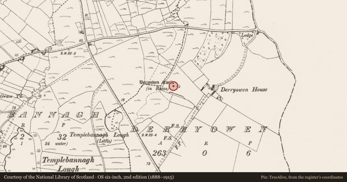 Ordnance Survey six-inch map, 2nd edition (1888–1915) covering the location of Bawn, Derryowen, County Clare, with a pin at the register's coordinates