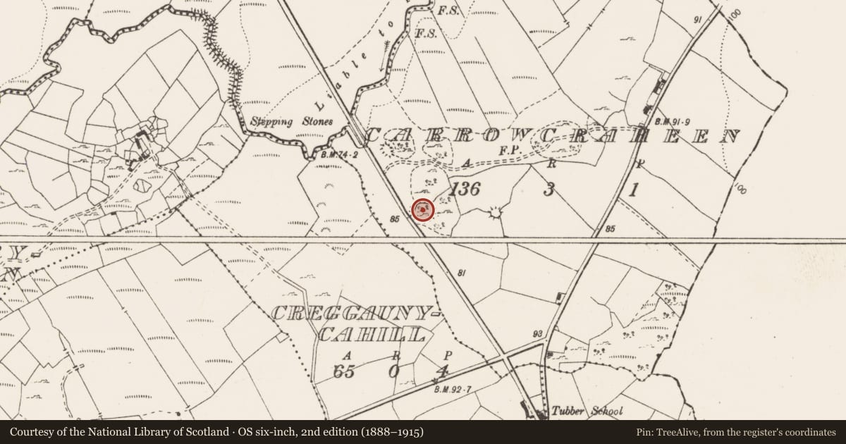 Ordnance Survey six-inch map, 2nd edition (1888–1915) covering the location of Enclosure, Carrowcraheen, County Clare, with a pin at the register's coordinates