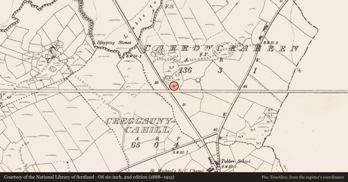 Ordnance Survey six-inch map, 2nd edition (1888–1915) covering the location of Enclosure, Carrowcraheen, County Clare, with a pin at the register's coordinates