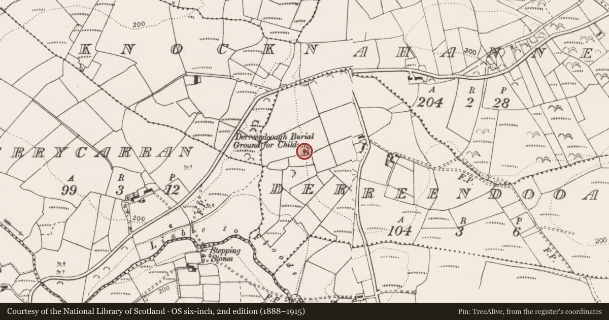 Ordnance Survey six-inch map, 2nd edition (1888–1915) covering the location of Children's burial ground, Derreendooagh, County Clare, with a pin at the register's coordinates