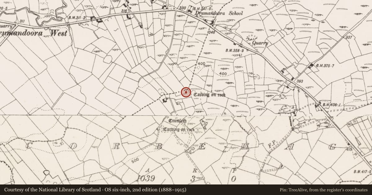 Ordnance Survey six-inch map, 2nd edition (1888–1915) covering the location of Rock scribing - folk art, Corbehagh, County Clare, with a pin at the register's coordinates