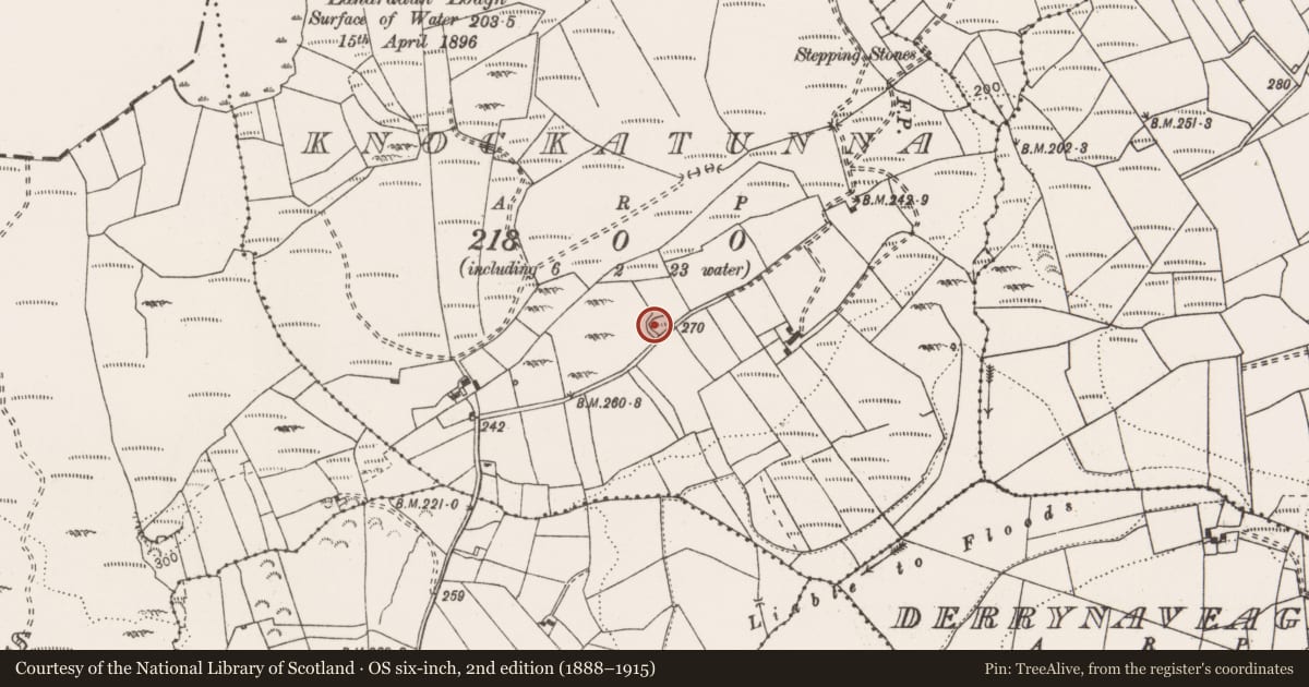 Ordnance Survey six-inch map, 2nd edition (1888–1915) covering the location of Ringfort - rath, Knockatunna, County Clare, with a pin at the register's coordinates