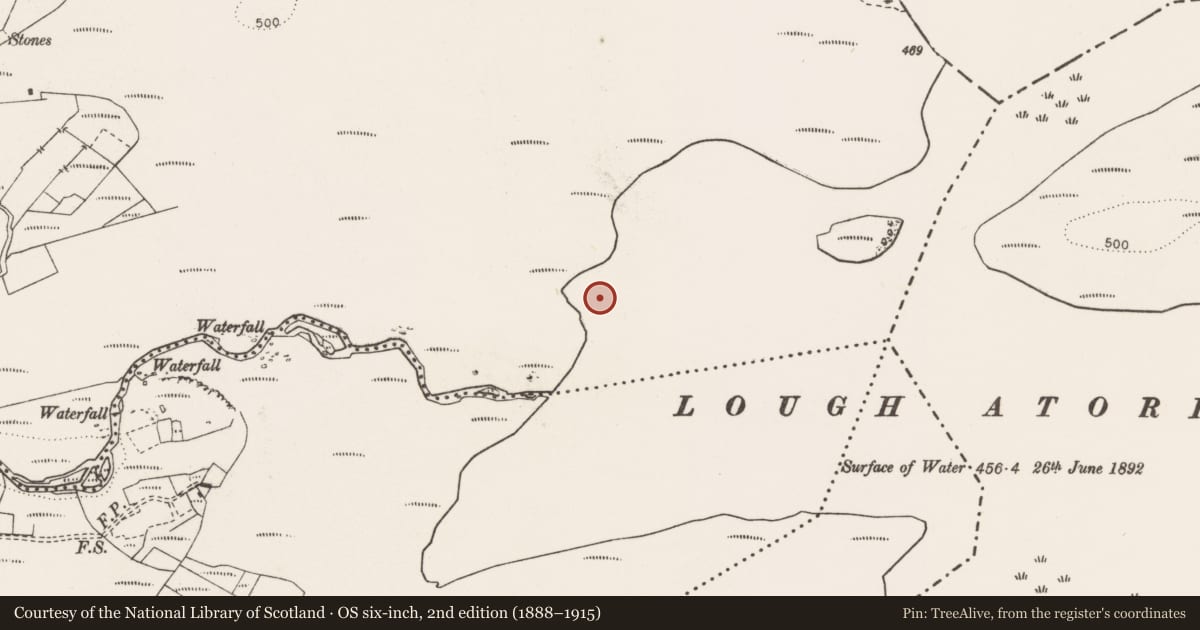 Ordnance Survey six-inch map, 2nd edition (1888–1915) covering the location of Crannog, Slieveanore, County Clare, with a pin at the register's coordinates