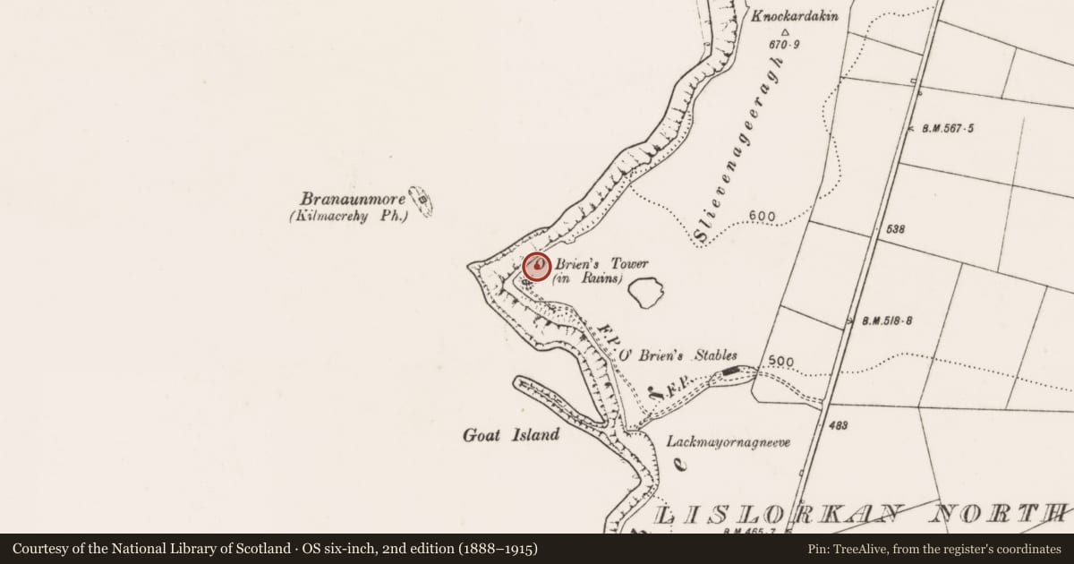 Ordnance Survey six-inch map, 2nd edition (1888–1915) covering the location of Promontory fort - coastal, Lislorkan North, County Clare, with a pin at the register's coordinates