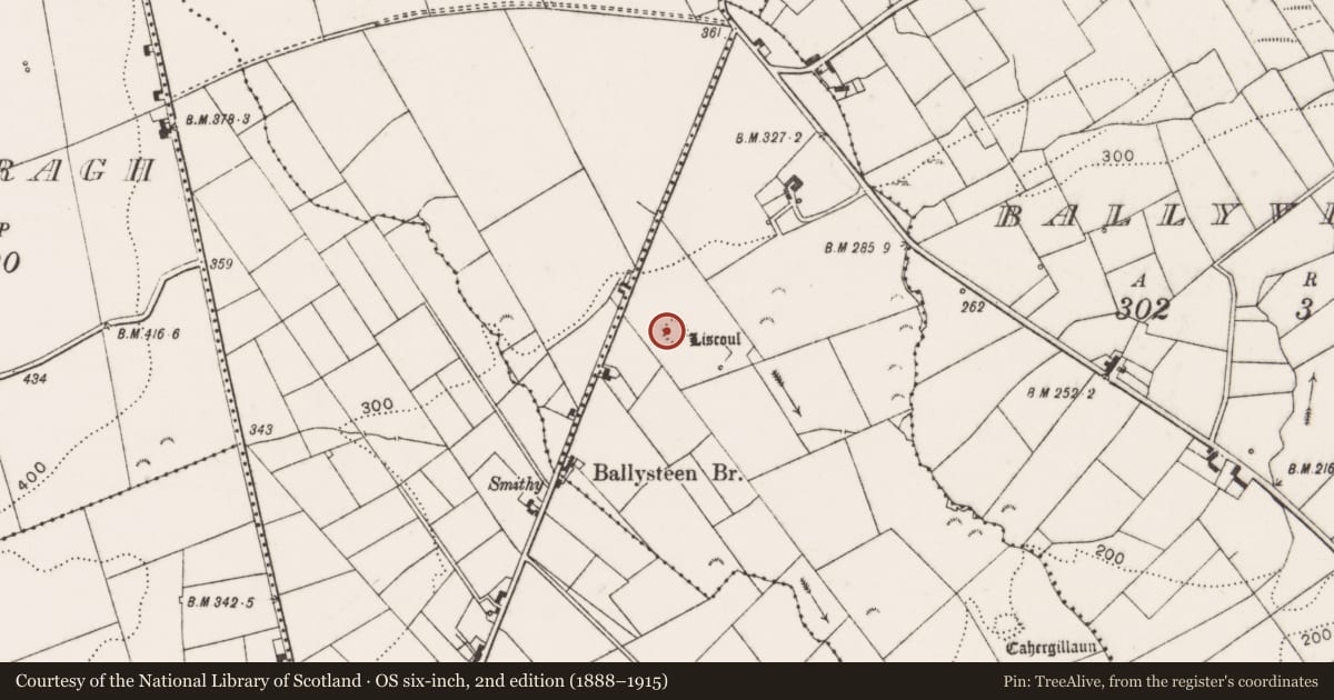 Ordnance Survey six-inch map, 2nd edition (1888–1915) covering the location of Ringfort - rath, Lislorkan South, County Clare, with a pin at the register's coordinates
