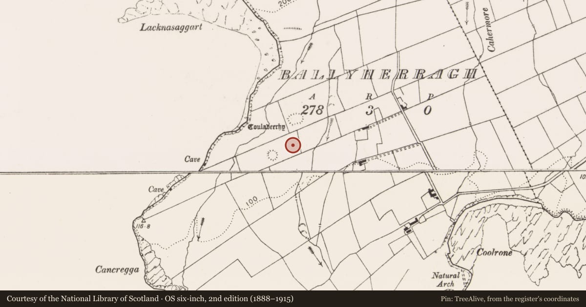 Ordnance Survey six-inch map, 2nd edition (1888–1915) covering the location of Field system, Ballyherragh, County Clare, with a pin at the register's coordinates