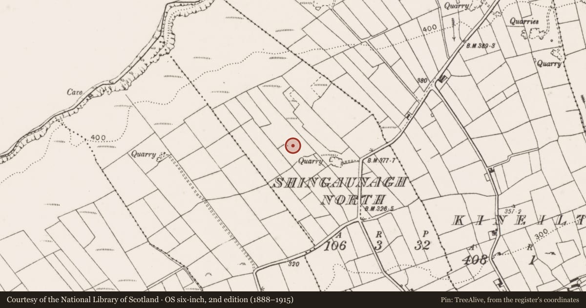 Ordnance Survey six-inch map, 2nd edition (1888–1915) covering the location of Quarry, Shingaunagh North, County Clare, with a pin at the register's coordinates