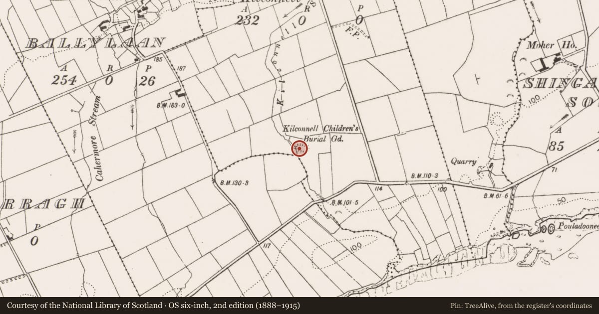 Ordnance Survey six-inch map, 2nd edition (1888–1915) covering the location of Children's burial ground, Kilconnell, County Clare, with a pin at the register's coordinates