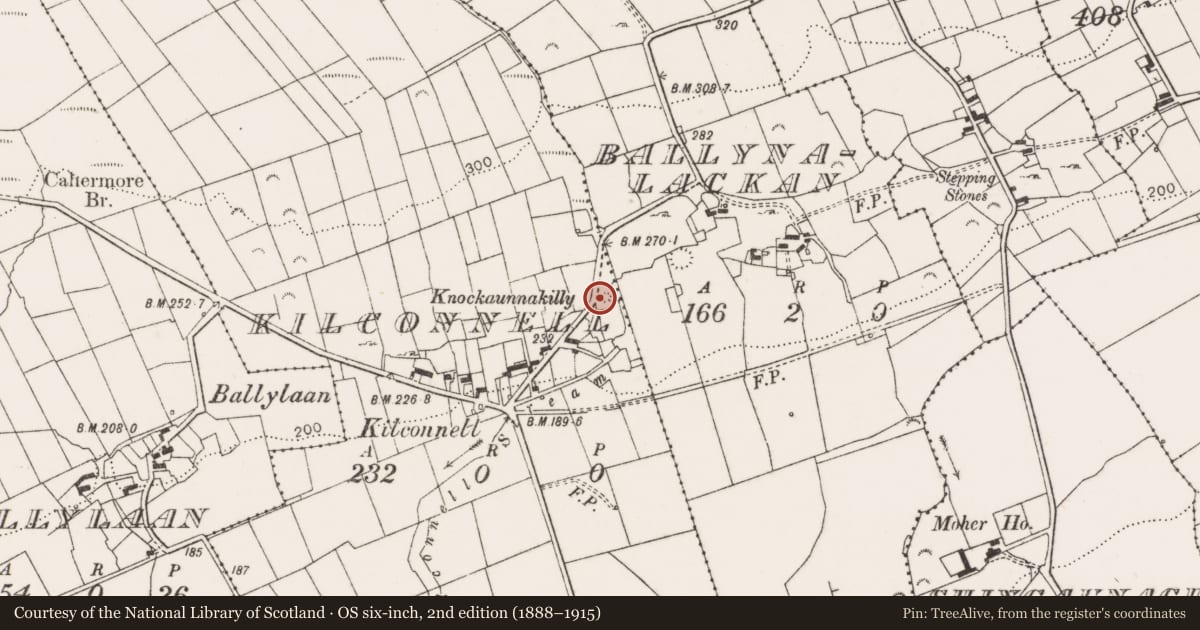 Ordnance Survey six-inch map, 2nd edition (1888–1915) covering the location of Mound, Kilconnell, County Clare, with a pin at the register's coordinates