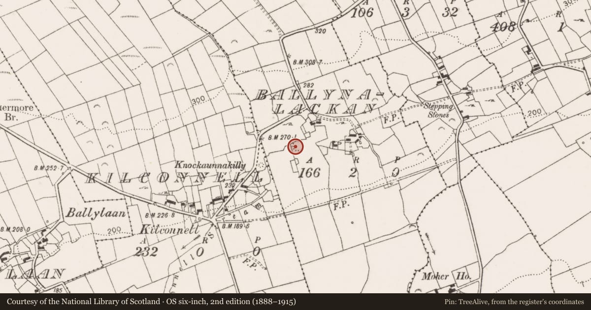 Ordnance Survey six-inch map, 2nd edition (1888–1915) covering the location of Ringfort - rath, Ballynalackan, County Clare, with a pin at the register's coordinates