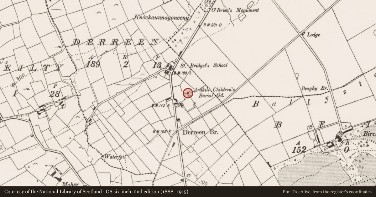 Ordnance Survey six-inch map, 2nd edition (1888–1915) covering the location of Children's burial ground, Derreen, County Clare, with a pin at the register's coordinates
