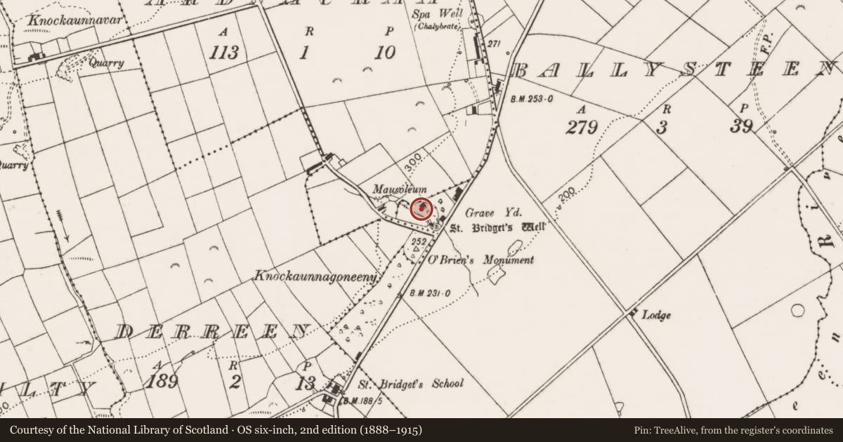 Ordnance Survey six-inch map, 2nd edition (1888–1915) covering the location of Burial ground, Ballysteen, County Clare, with a pin at the register's coordinates