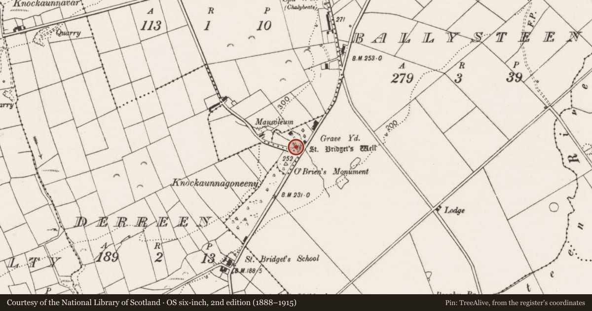 Ordnance Survey six-inch map, 2nd edition (1888–1915) covering the location of Ritual site - holy well, Ballysteen, County Clare, with a pin at the register's coordinates