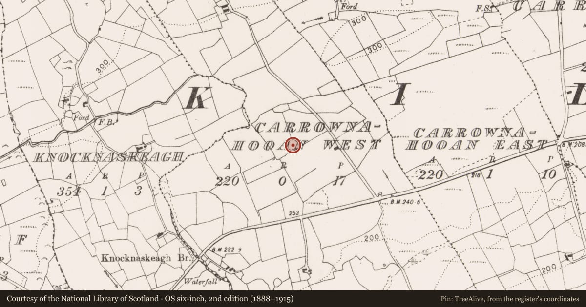 Ordnance Survey six-inch map, 2nd edition (1888–1915) covering the location of Ringfort - rath, Carrownahooan West, County Clare, with a pin at the register's coordinates