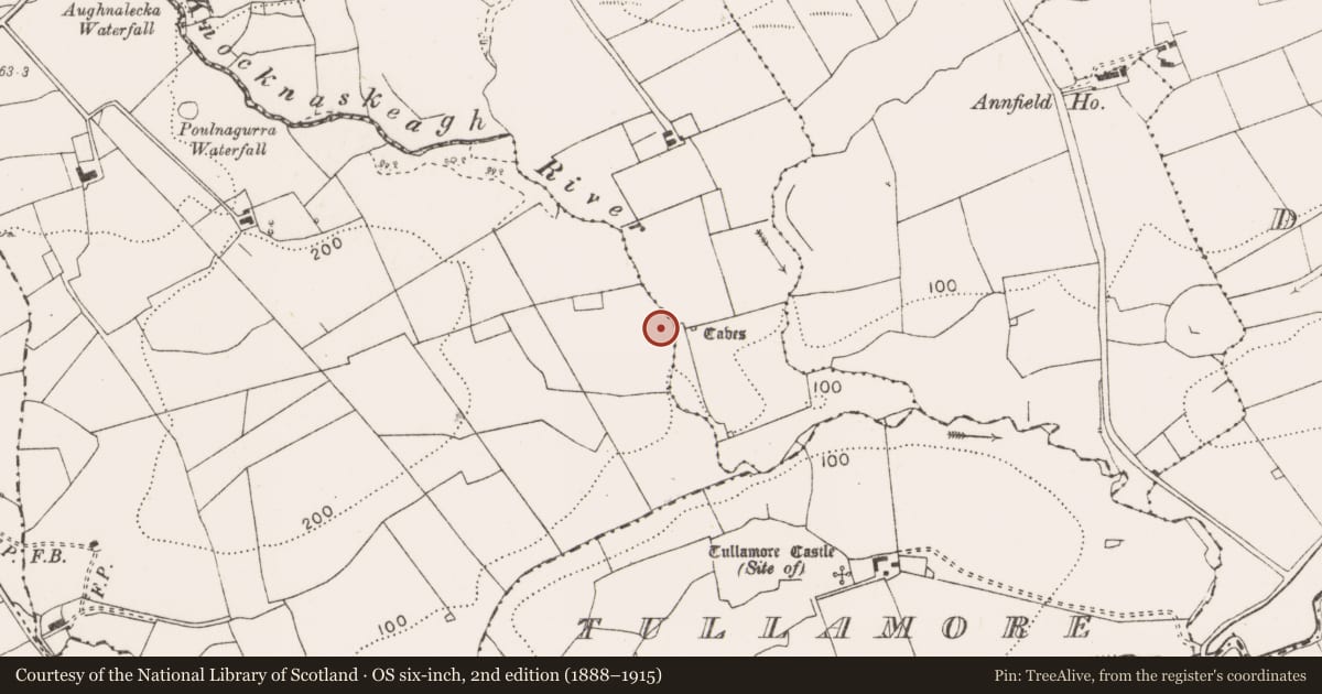 Ordnance Survey six-inch map, 2nd edition (1888–1915) covering the location of Enclosure, Knocknaskeagh, County Clare, with a pin at the register's coordinates