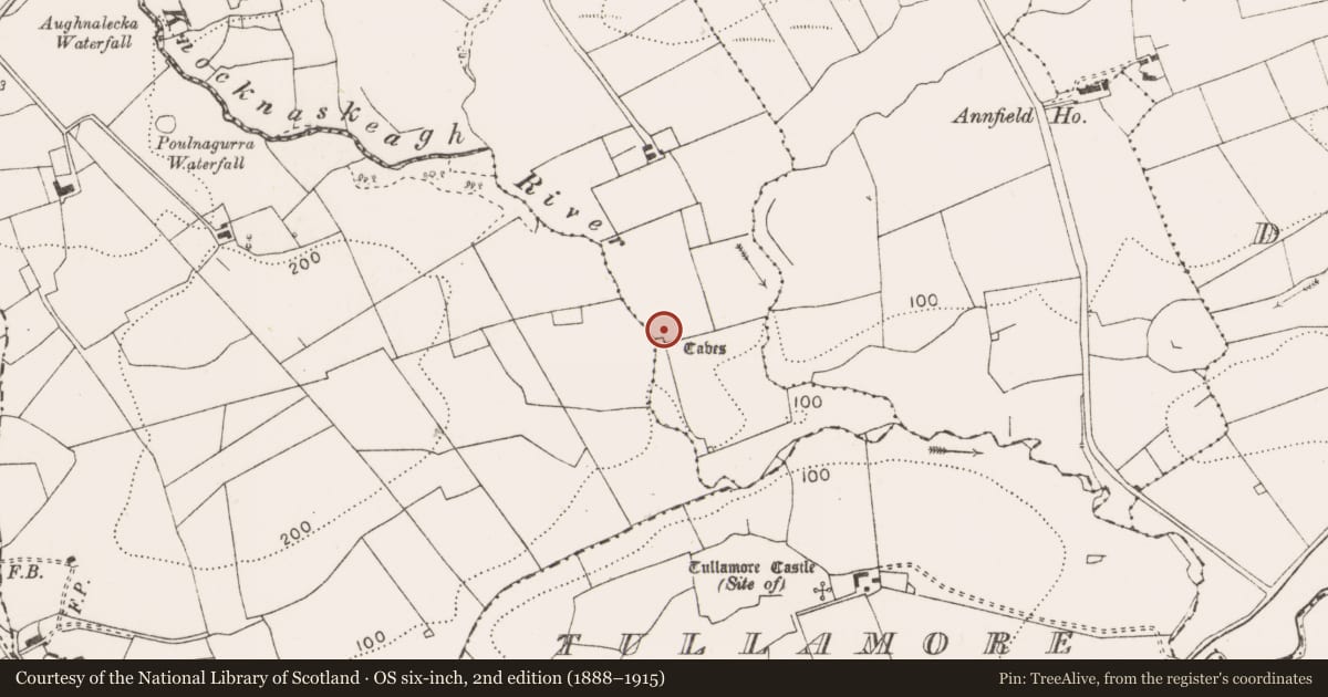 Ordnance Survey six-inch map, 2nd edition (1888–1915) covering the location of Enclosure, Carrownahooan West, County Clare, with a pin at the register's coordinates