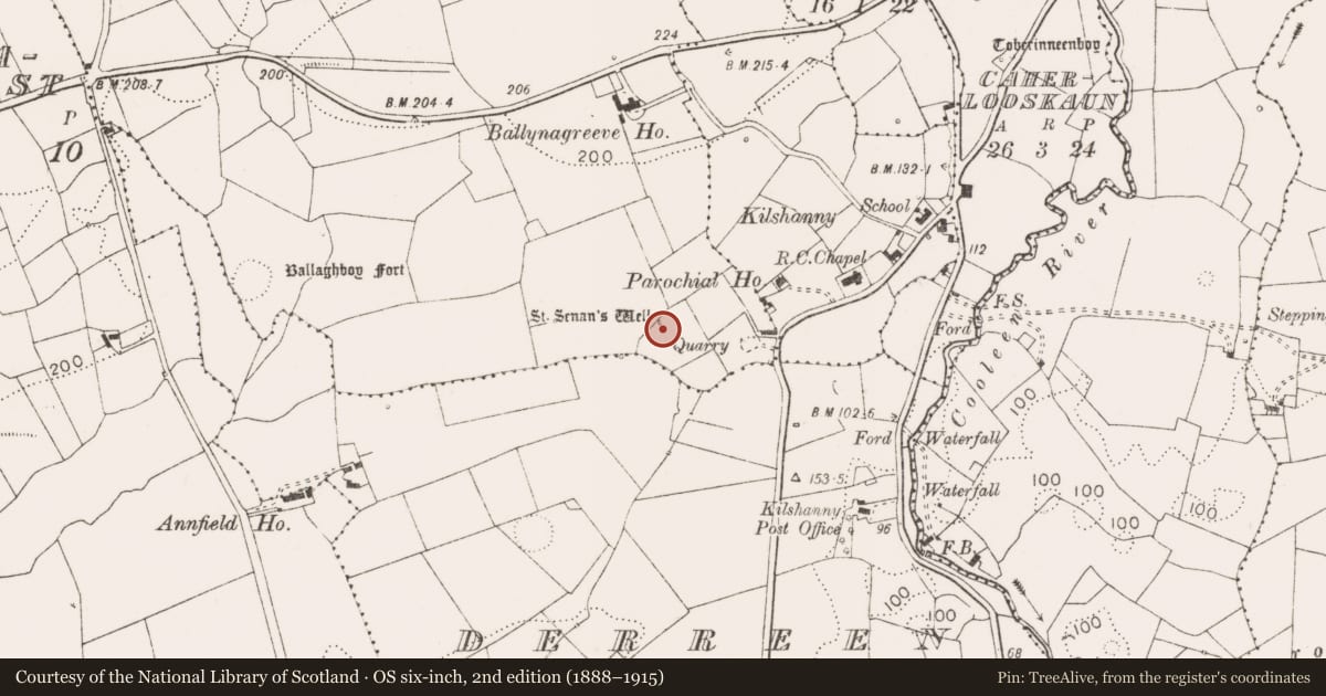 Ordnance Survey six-inch map, 2nd edition (1888–1915) covering the location of Ritual site - holy well, Carrowmanagh South, County Clare, with a pin at the register's coordinates
