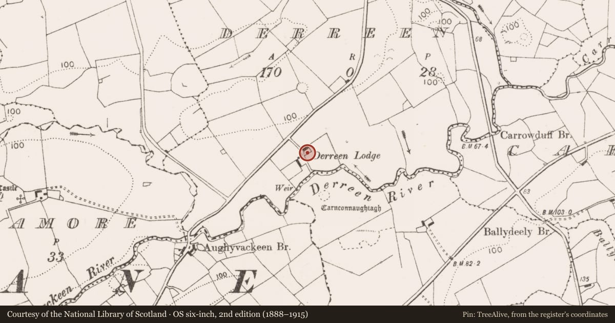 Ordnance Survey six-inch map, 2nd edition (1888–1915) covering the location of House - 18th/19th century, Derreen, County Clare, with a pin at the register's coordinates