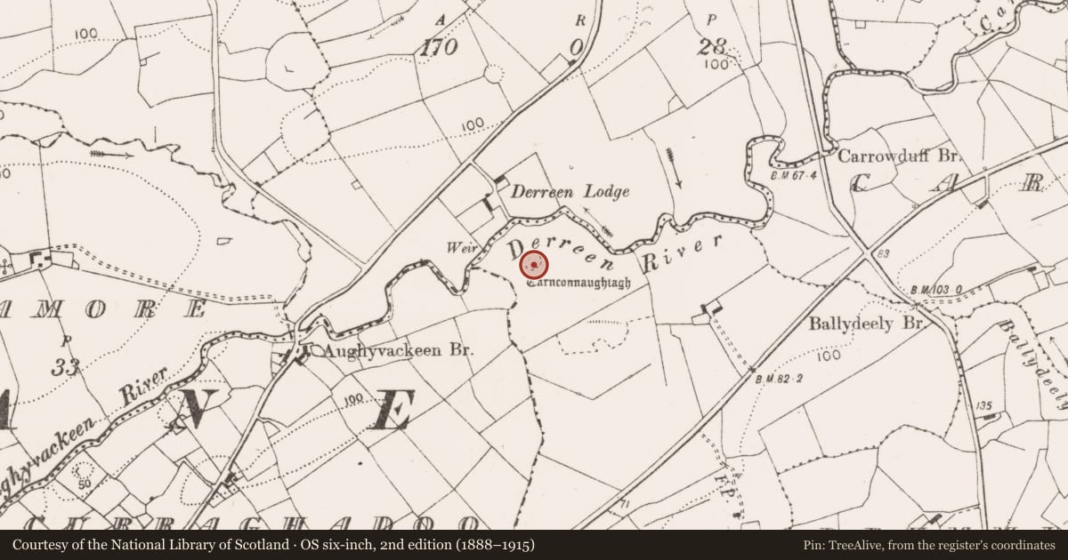 Ordnance Survey six-inch map, 2nd edition (1888–1915) covering the location of Cairn - unclassified, Ballydeely, County Clare, with a pin at the register's coordinates