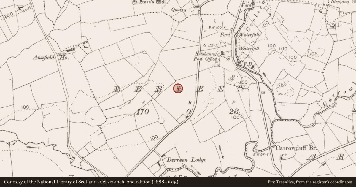 Ordnance Survey six-inch map, 2nd edition (1888–1915) covering the location of Barrow - ring-barrow, Derreen, County Clare, with a pin at the register's coordinates