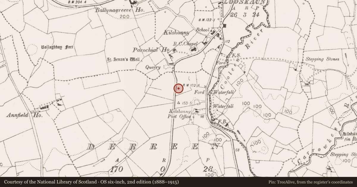 Ordnance Survey six-inch map, 2nd edition (1888–1915) covering the location of Quarry, Derreen, County Clare, with a pin at the register's coordinates