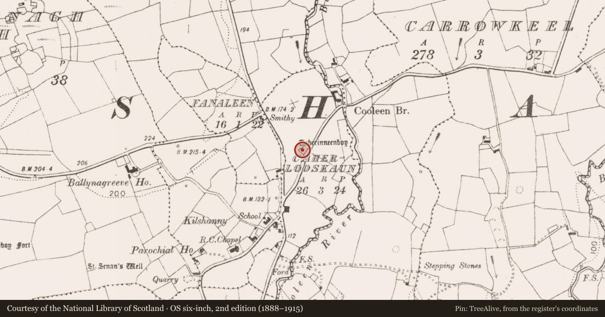 Ordnance Survey six-inch map, 2nd edition (1888–1915) covering the location of Ritual site - holy well, Caherlooskaun, County Clare, with a pin at the register's coordinates