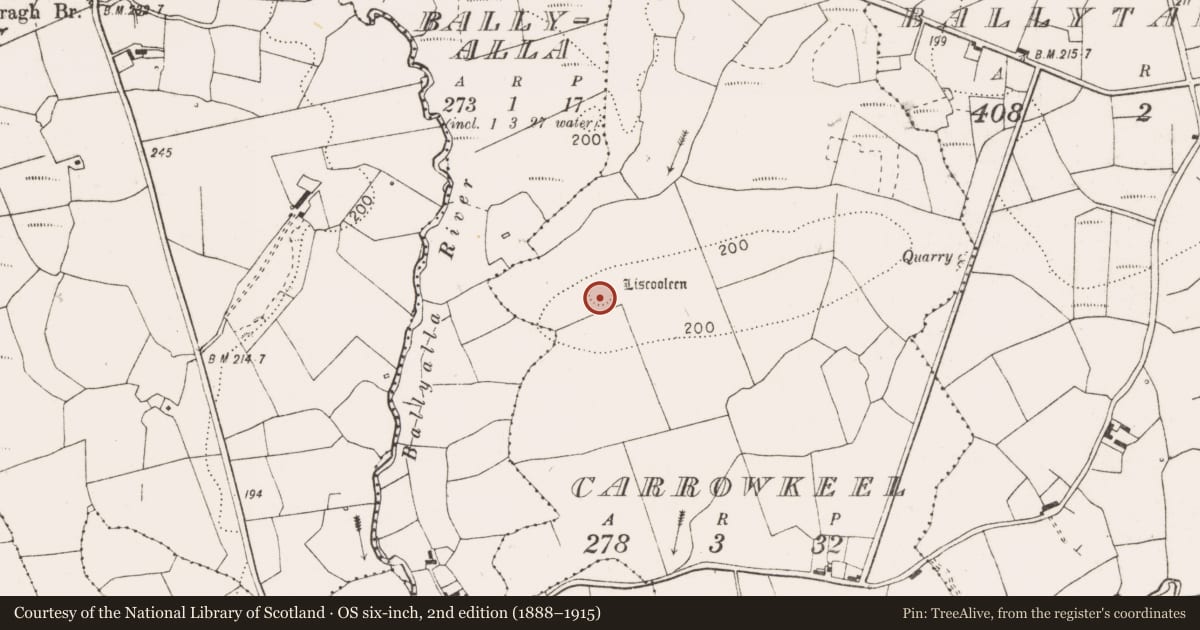 Ordnance Survey six-inch map, 2nd edition (1888–1915) covering the location of Ringfort - rath, Carrowkeel, County Clare, with a pin at the register's coordinates