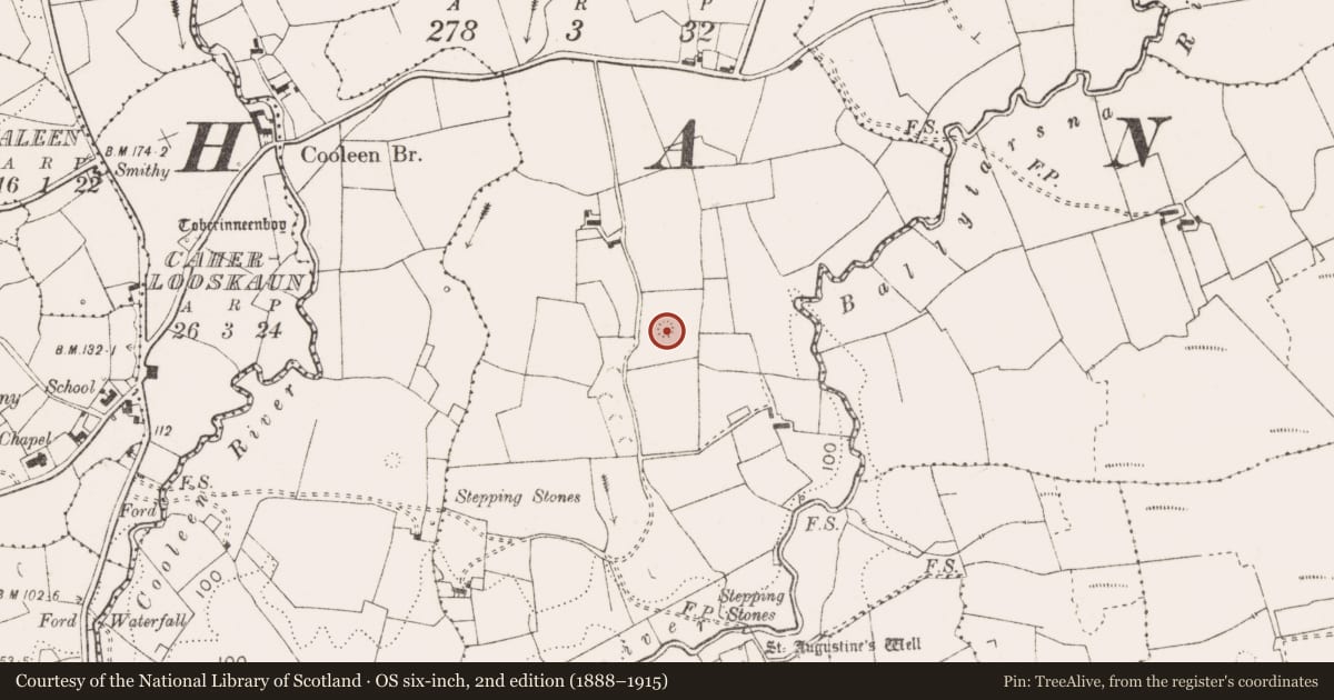 Ordnance Survey six-inch map, 2nd edition (1888–1915) covering the location of Barrow - bowl-barrow, Carrowkeel, County Clare, with a pin at the register's coordinates