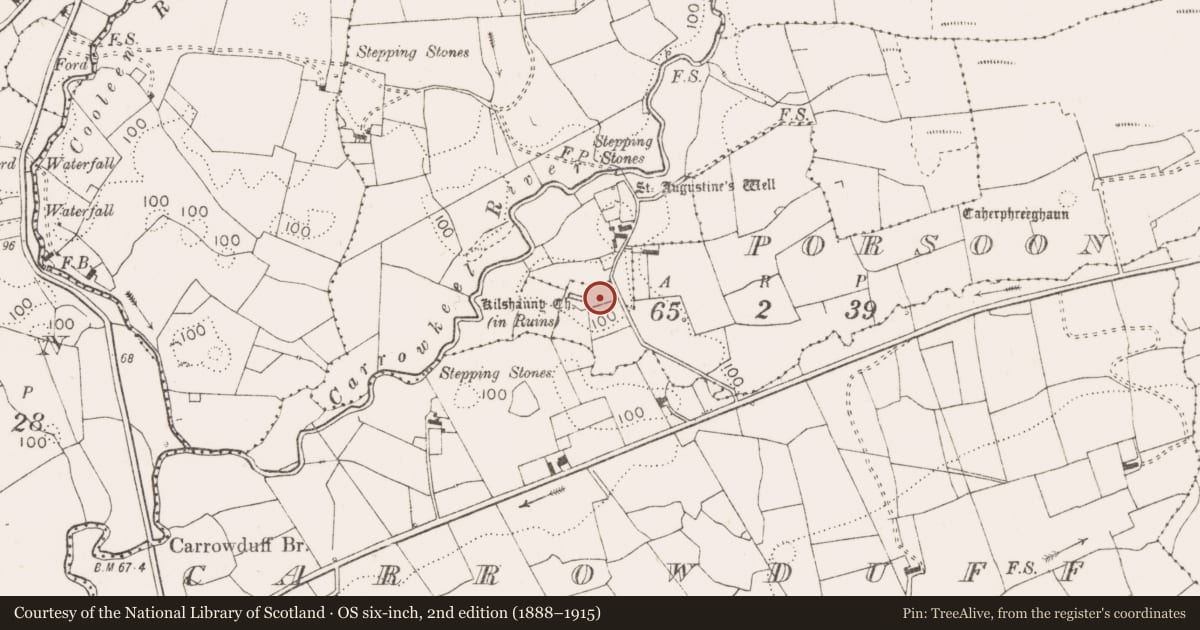 Ordnance Survey six-inch map, 2nd edition (1888–1915) covering the location of Graveyard, Porsoon, County Clare, with a pin at the register's coordinates