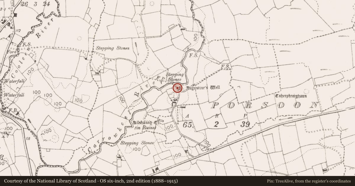 Ordnance Survey six-inch map, 2nd edition (1888–1915) covering the location of Ritual site - holy well, Carrowkeel, County Clare, with a pin at the register's coordinates