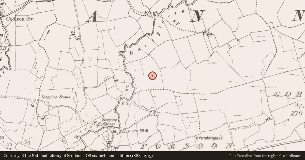 Ordnance Survey six-inch map, 2nd edition (1888–1915) covering the location of Barrow - ring-barrow, Ballytarsna, County Clare, with a pin at the register's coordinates