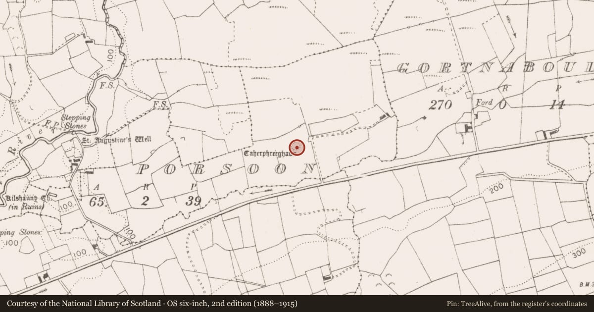 Ordnance Survey six-inch map, 2nd edition (1888–1915) covering the location of Ringfort - cashel, Porsoon, County Clare, with a pin at the register's coordinates