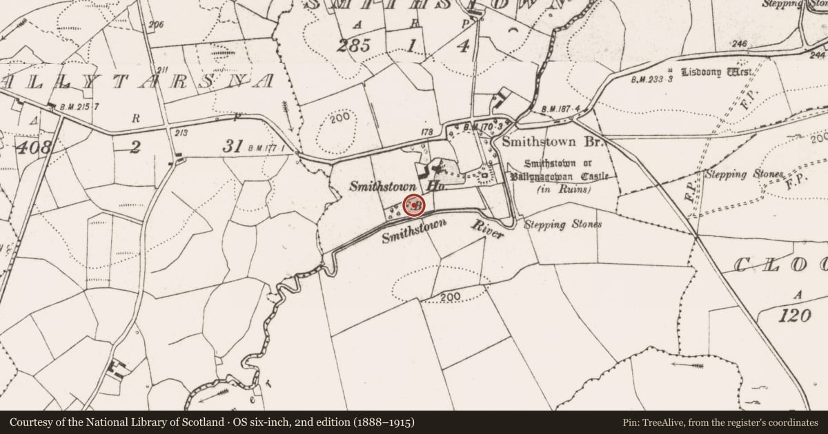 Ordnance Survey six-inch map, 2nd edition (1888–1915) covering the location of Enclosure, Smithstown, County Clare, with a pin at the register's coordinates