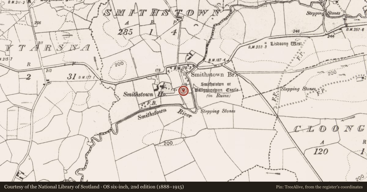 Ordnance Survey six-inch map, 2nd edition (1888–1915) covering the location of Castle - tower house, Smithstown, County Clare, with a pin at the register's coordinates