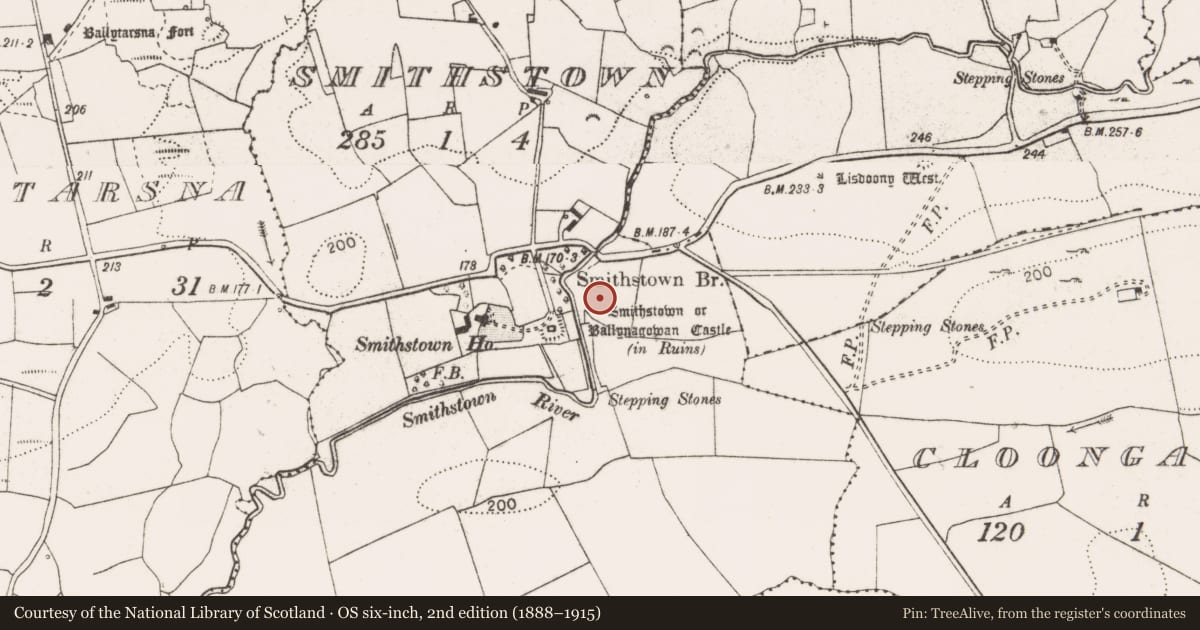 Ordnance Survey six-inch map, 2nd edition (1888–1915) covering the location of Enclosure, Smithstown, County Clare, with a pin at the register's coordinates