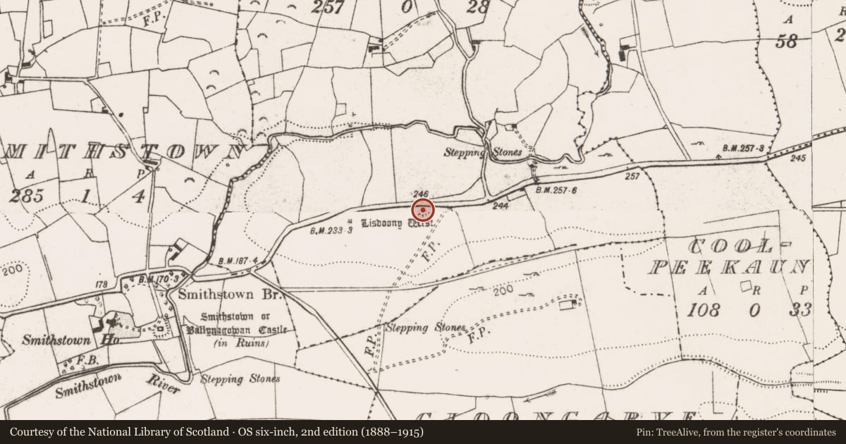 Ordnance Survey six-inch map, 2nd edition (1888–1915) covering the location of Ringfort - rath, Lisdoony West, County Clare, with a pin at the register's coordinates
