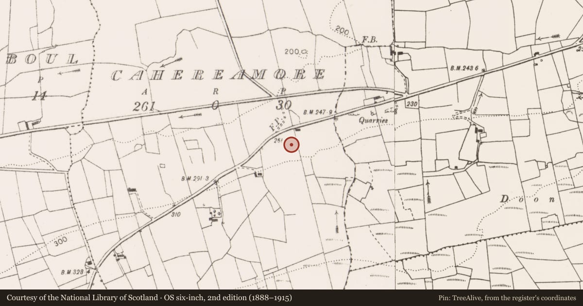 Ordnance Survey six-inch map, 2nd edition (1888–1915) covering the location of Enclosure, Cahereamore, County Clare, with a pin at the register's coordinates
