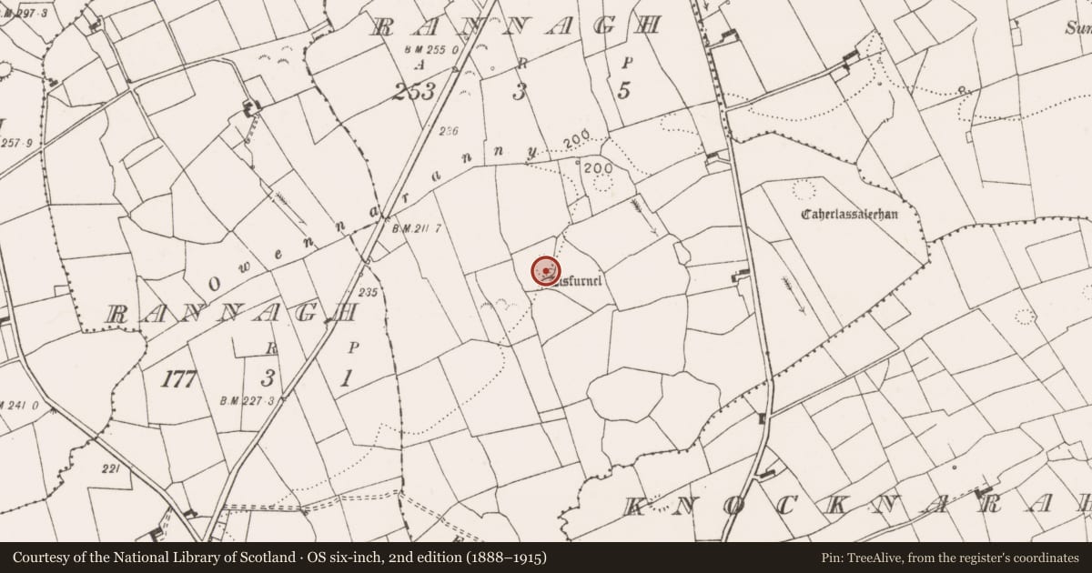 Ordnance Survey six-inch map, 2nd edition (1888–1915) covering the location of Ringfort - rath, Rannagh, County Clare, with a pin at the register's coordinates