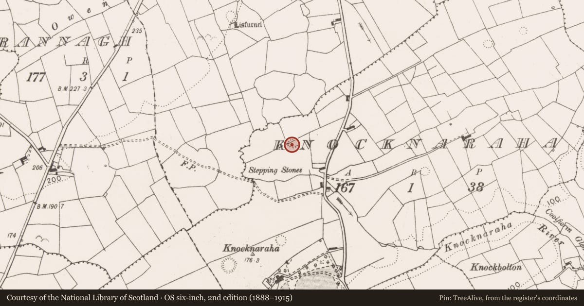 Ordnance Survey six-inch map, 2nd edition (1888–1915) covering the location of Ringfort - rath, Knocknaraha, County Clare, with a pin at the register's coordinates