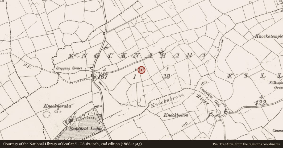 Ordnance Survey six-inch map, 2nd edition (1888–1915) covering the location of Ringfort - rath, Knocknaraha, County Clare, with a pin at the register's coordinates