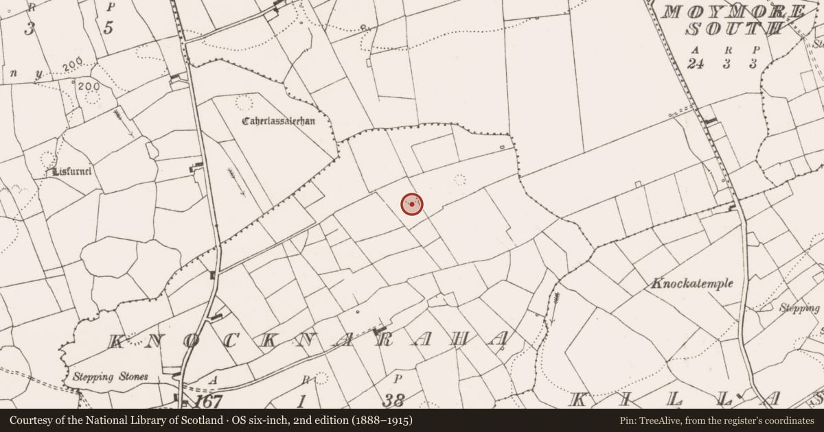 Ordnance Survey six-inch map, 2nd edition (1888–1915) covering the location of Ringfort - rath, Knocknaraha, County Clare, with a pin at the register's coordinates