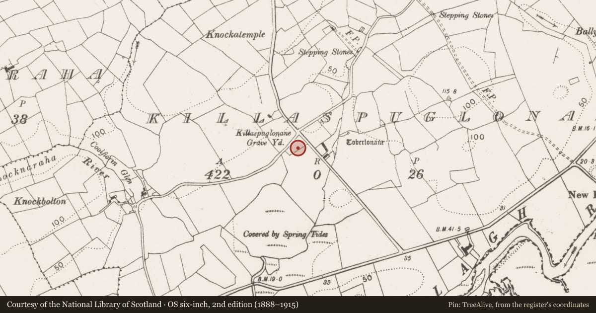 Ordnance Survey six-inch map, 2nd edition (1888–1915) covering the location of Graveyard, Killaspuglonane, County Clare, with a pin at the register's coordinates